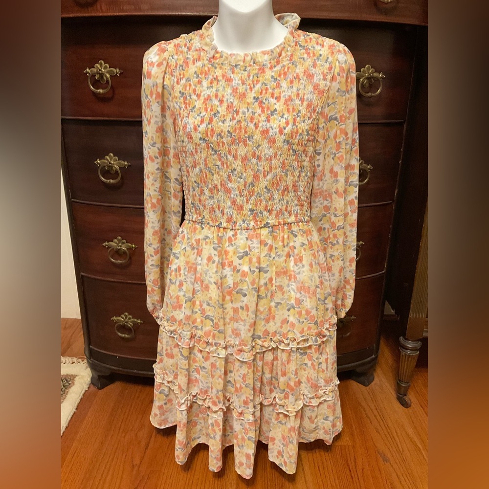 Petal & Pup Long Sleeve Floral Tiered Dress in Yellow, Peach & Blue